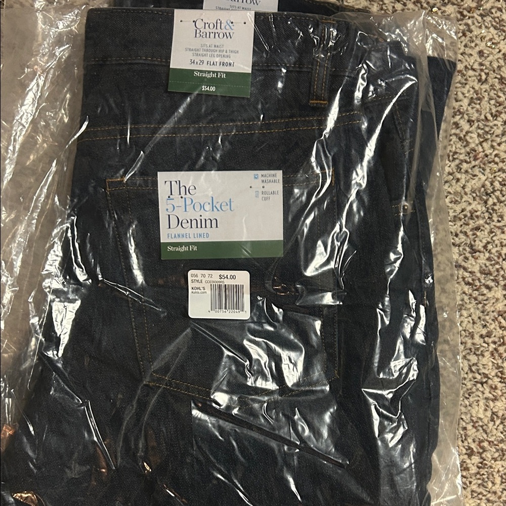 New Croft & Barrow Men's Straight flannel lined Jeans